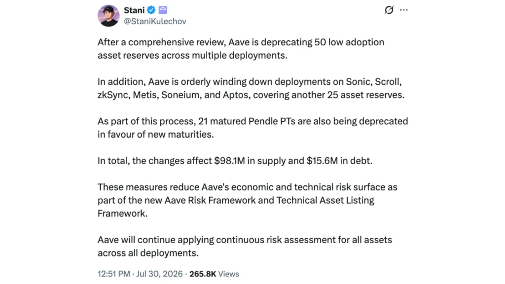 Aave Plans to Shut Down Six Blockchain Deployments in Strategic Network Cleanup
