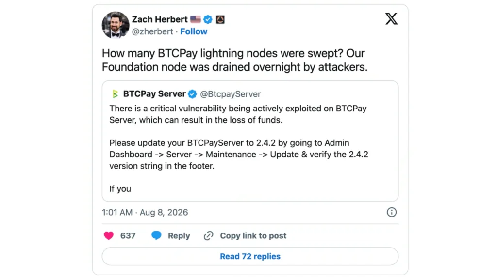 BTCPay Server Vulnerability Exploited, Draining Merchant Lightning Nodes