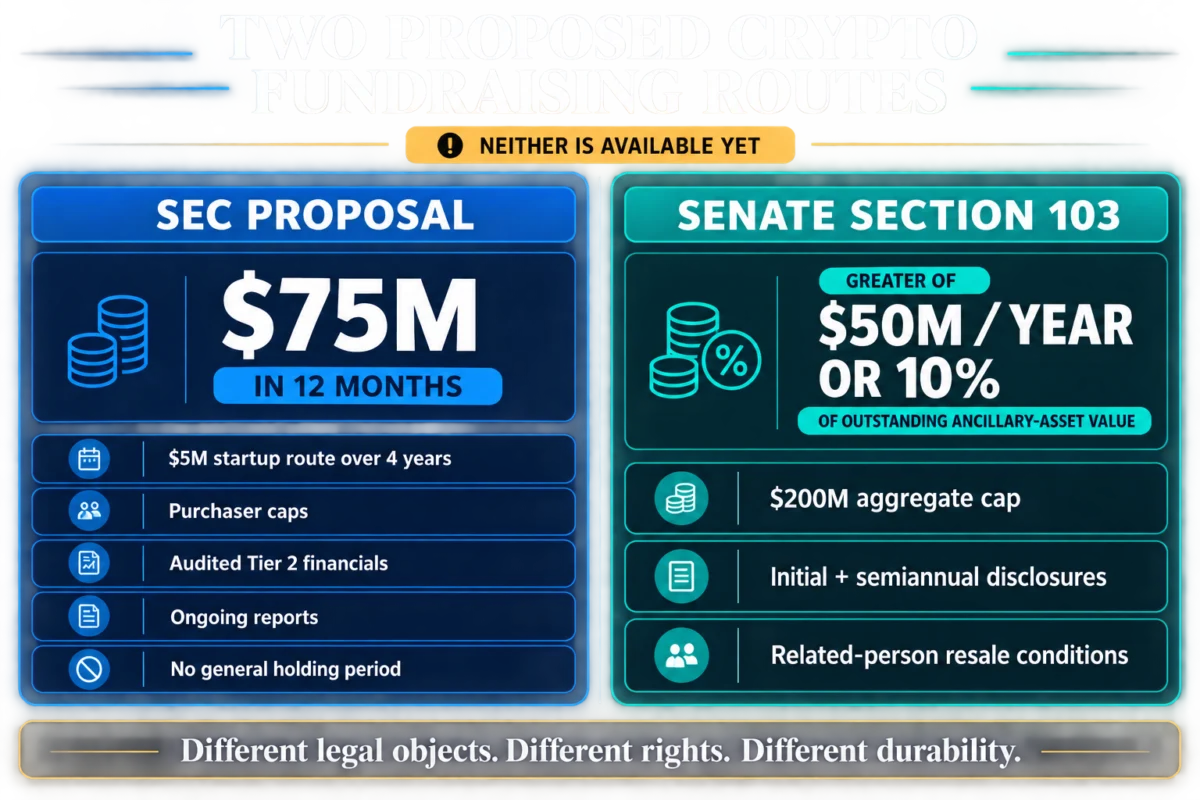 SEC’s Proposed $75 Million Crypto Fundraising Cap and Senate’s Market-Structure Framework Present Divergent Paths for Digital Asset Issuers